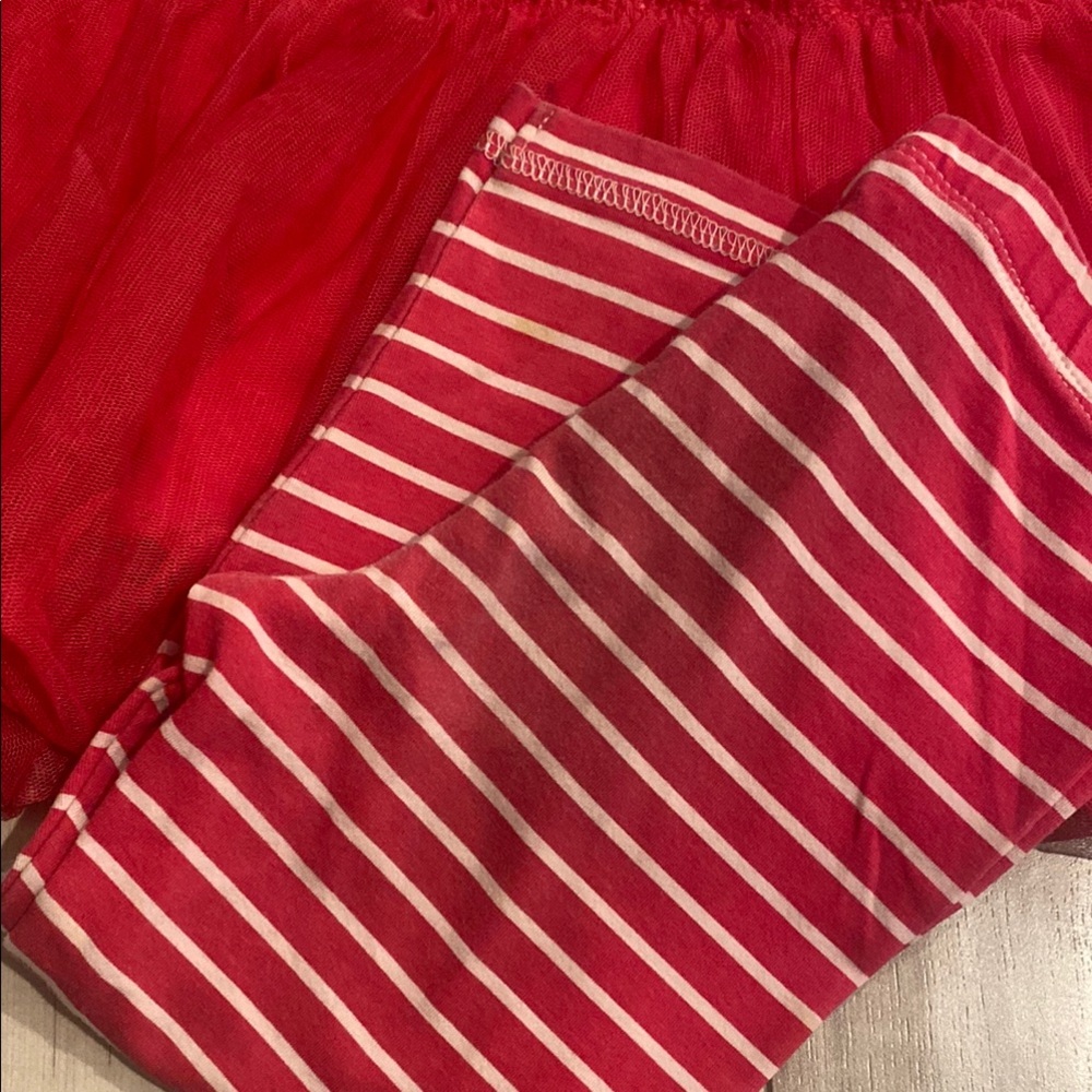 Bright Red Polka Dot Dance Costume with Tutu and Striped Leggings - Picture 2 of 4